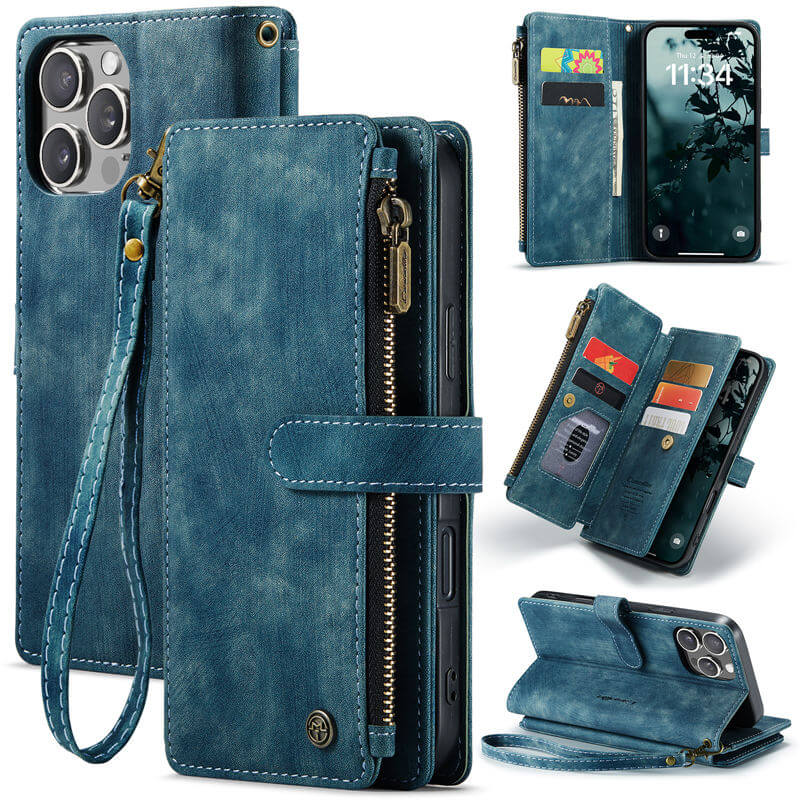 CaseMe iPhone 16 Pro Wallet Kickstand Case with Wrist Strap Blue