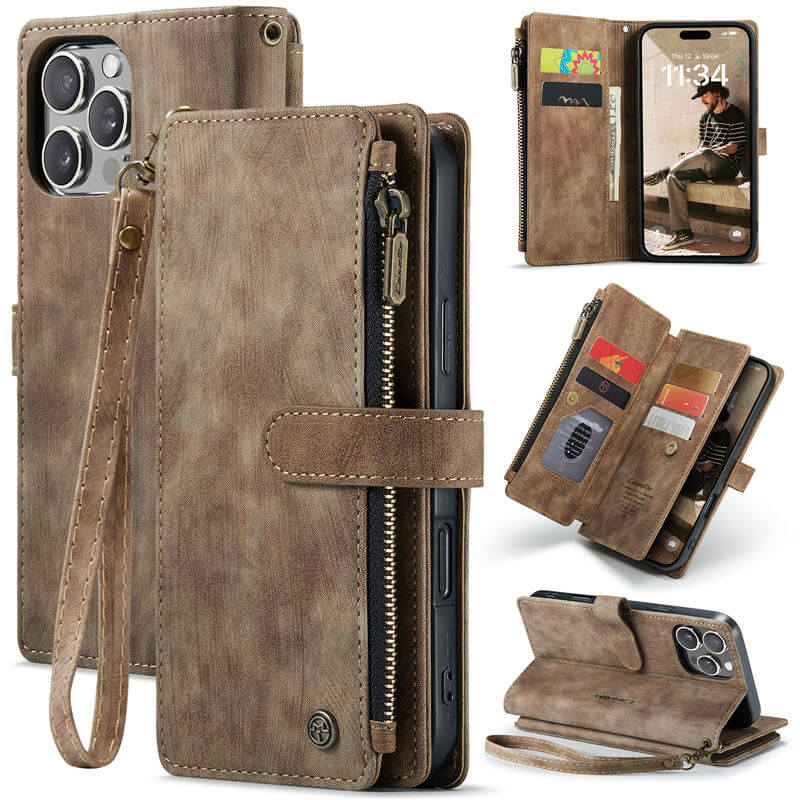 CaseMe iPhone 16 Pro Wallet Kickstand Case with Wrist Strap Coffee