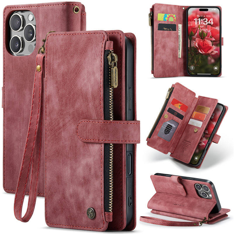 CaseMe iPhone 16 Pro Wallet Kickstand Case with Wrist Strap Red