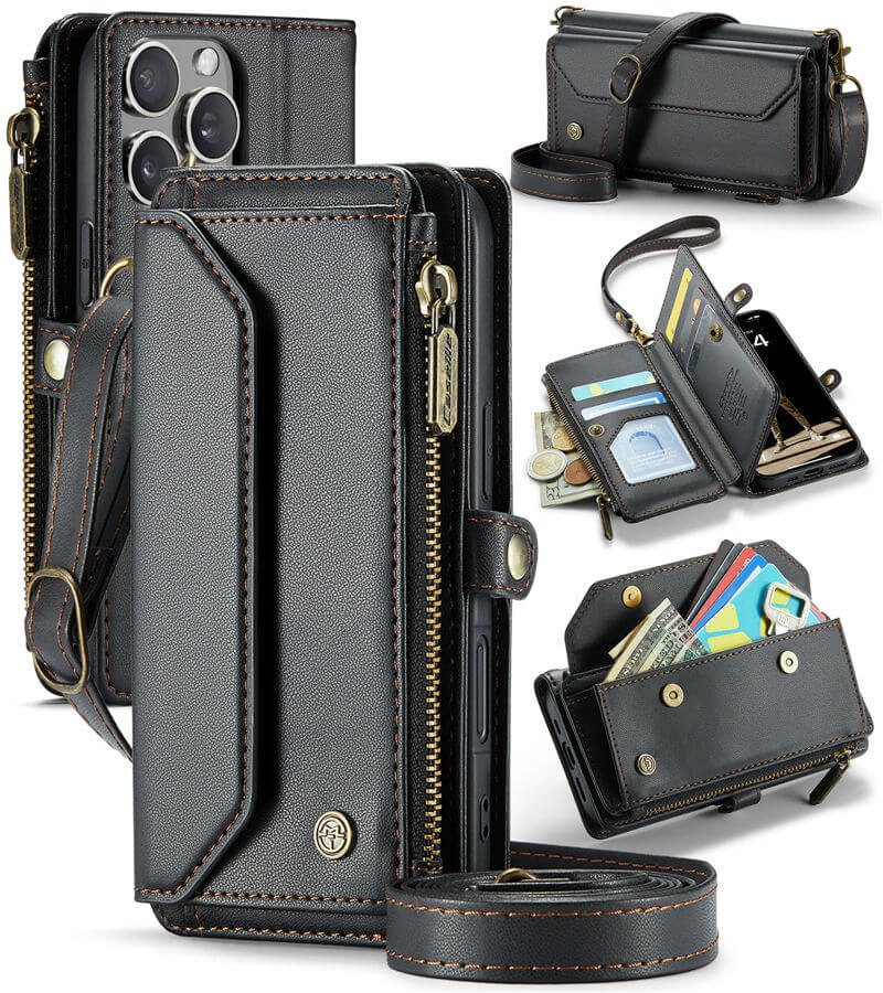 CaseMe iPhone 16 Pro RFID Wallet Crossbody Case with Wireless Charging Black