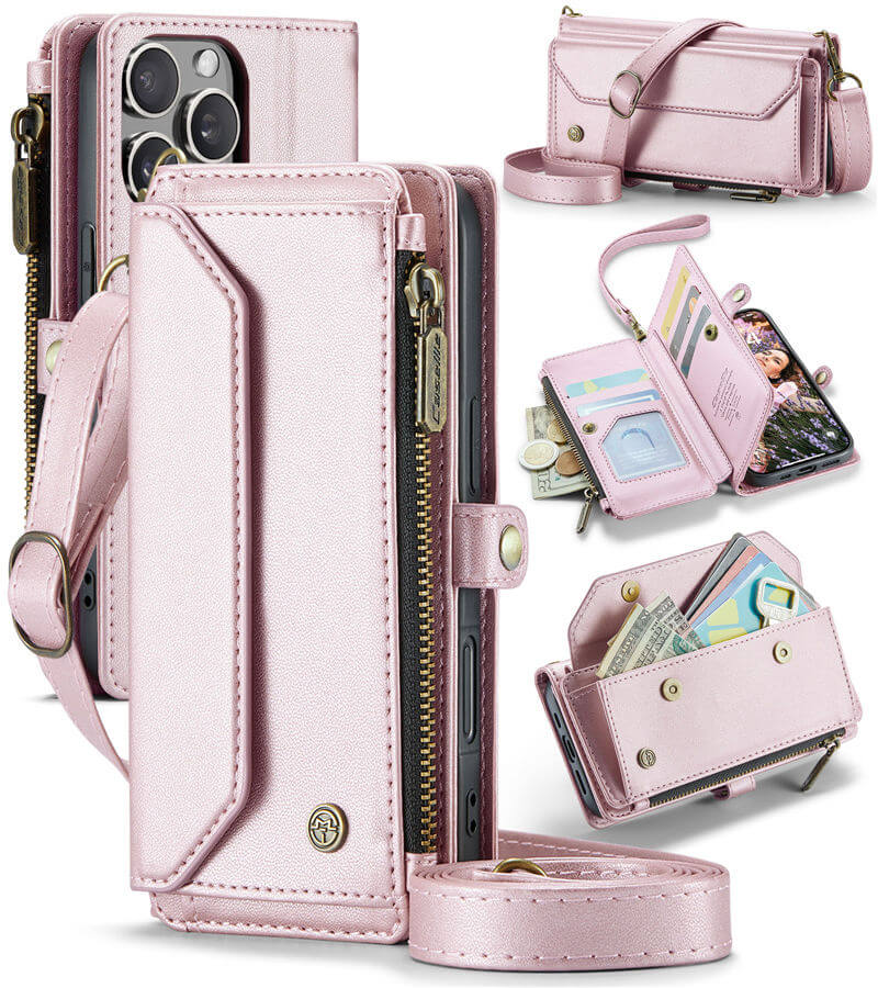 CaseMe iPhone 16 Pro RFID Wallet Crossbody Case with Wireless Charging Pink