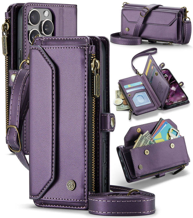 CaseMe iPhone 16 Pro RFID Wallet Crossbody Case with Wireless Charging Purple