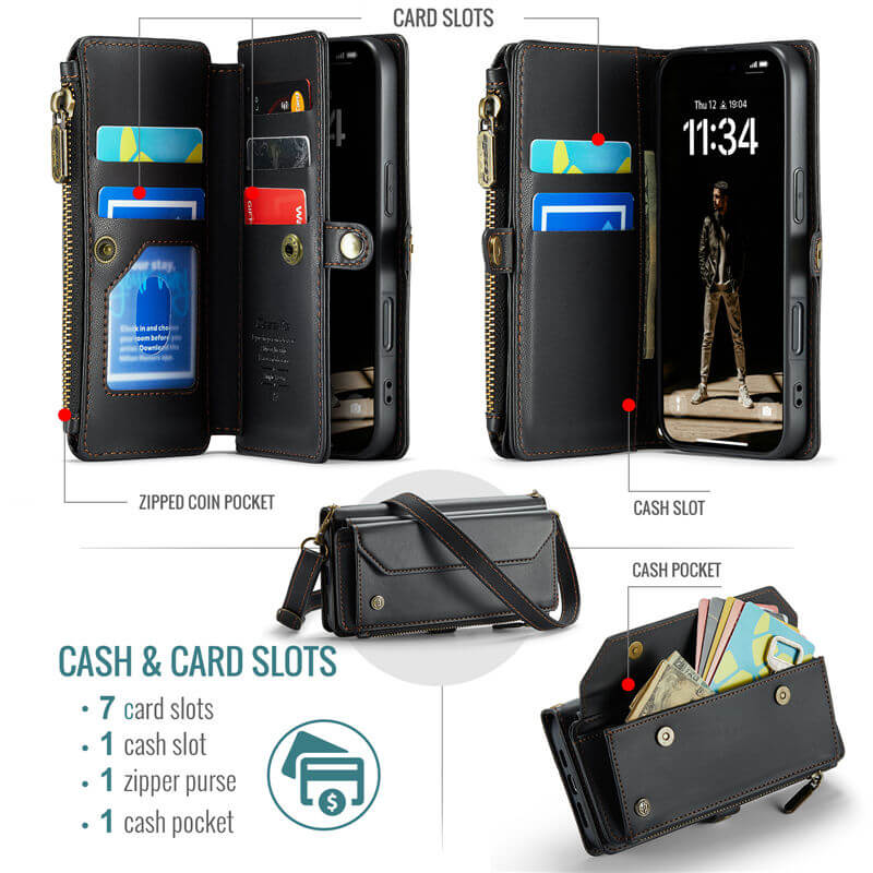 CaseMe iPhone 16 Pro Wallet RFID Blocking Crossbody Phone Case