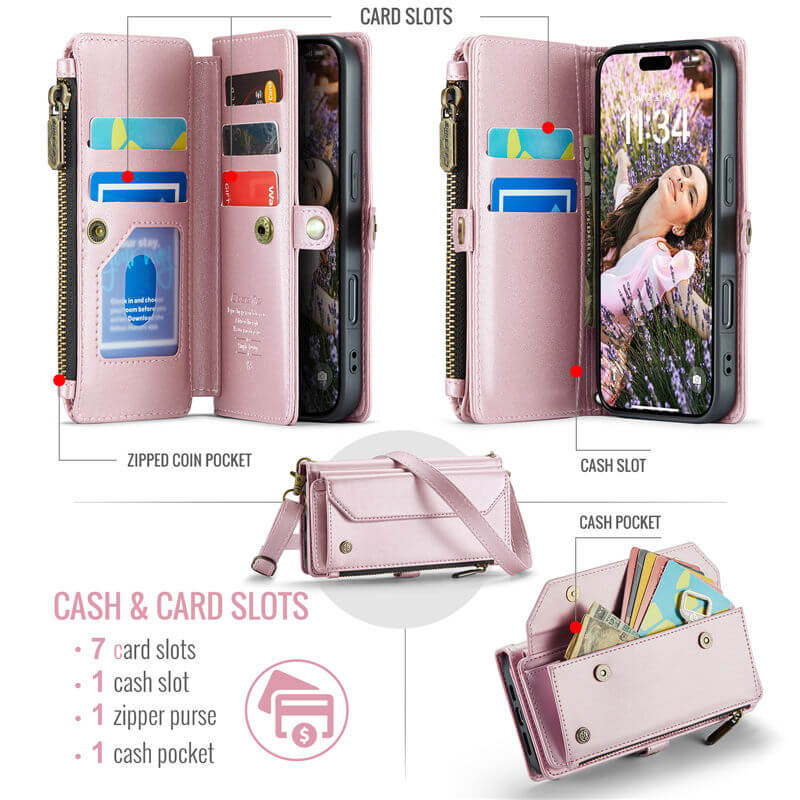 CaseMe iPhone 16 Pro Wallet RFID Blocking Crossbody Phone Case