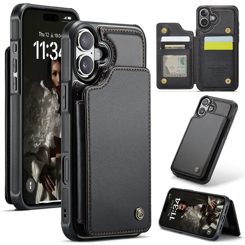 CaseMe iPhone 16 RFID Blocking Card Holder Kickstand Case Black