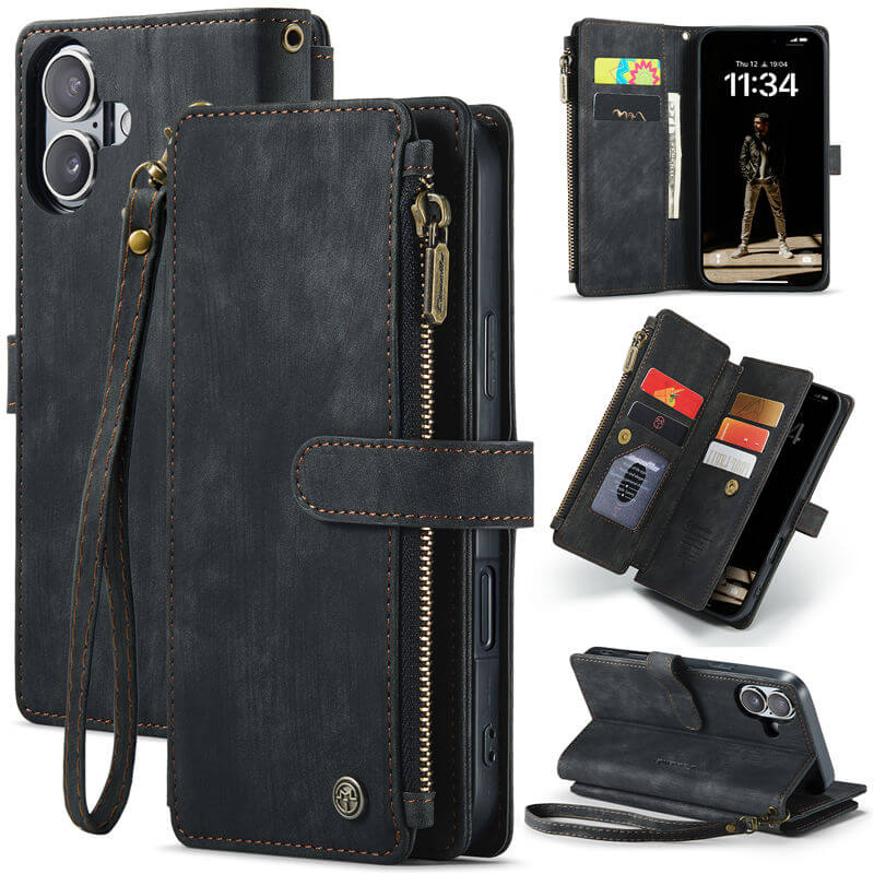 CaseMe iPhone 16 Wallet Kickstand Case with Wrist Strap Black