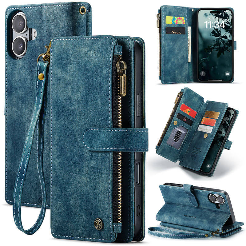 CaseMe iPhone 16 Wallet Kickstand Case with Wrist Strap Blue