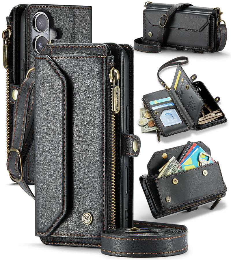 CaseMe iPhone 16 RFID Wallet Crossbody Case with Wireless Charging Black