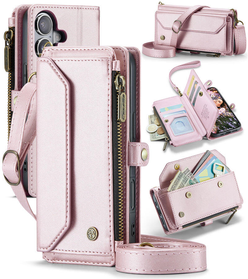 CaseMe iPhone 16 RFID Wallet Crossbody Case with Wireless Charging Pink