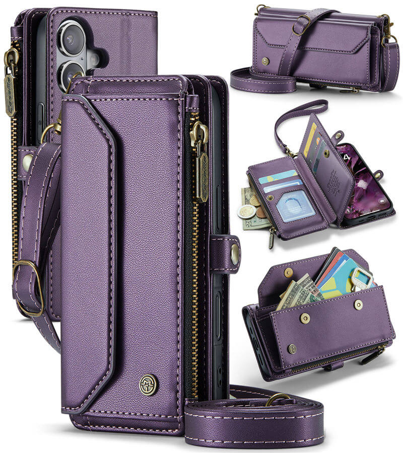 CaseMe iPhone 16 RFID Wallet Crossbody Case with Wireless Charging Purple