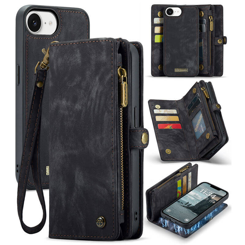 CaseMe iPhone 16e Wallet Case with Wrist Strap Black