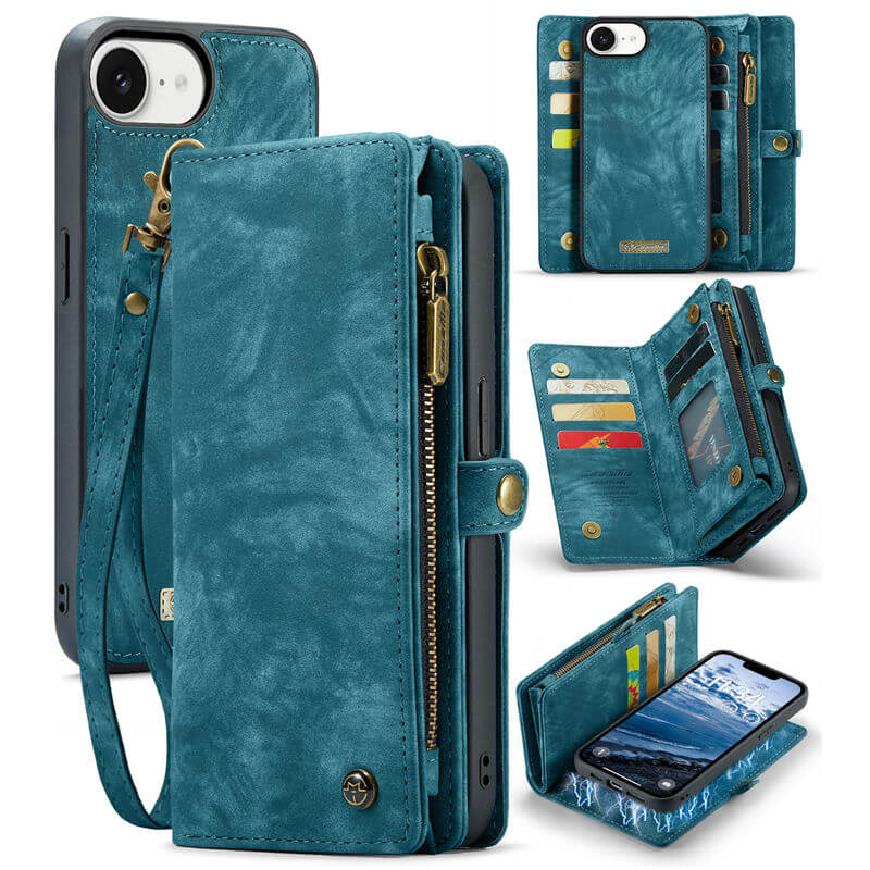 CaseMe iPhone 16e Wallet Case with Wrist Strap Blue