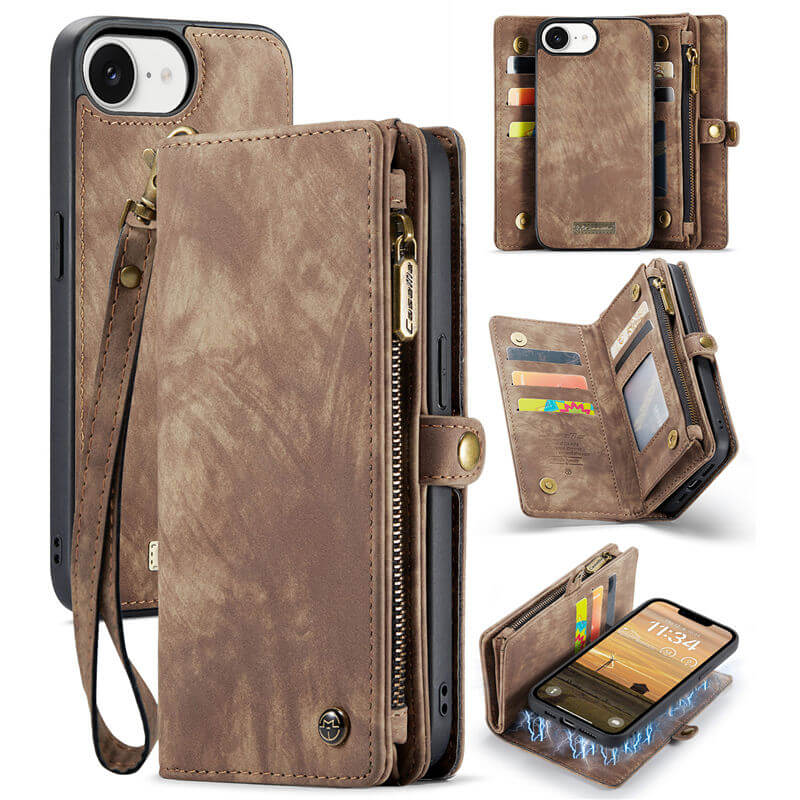 CaseMe iPhone 16e Wallet Case with Wrist Strap Coffee