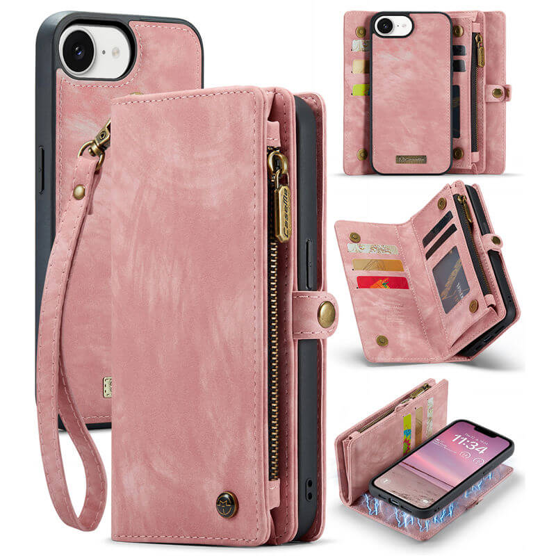 CaseMe iPhone 16e Wallet Case with Wrist Strap Pink