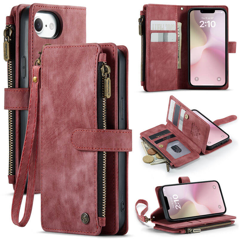 CaseMe iPhone 16e Wallet Kickstand Case with Wrist Strap Red