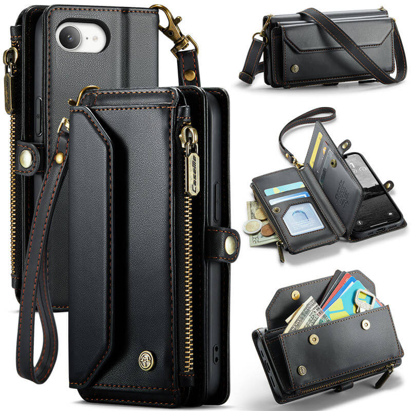 CaseMe iPhone 16e RFID Wallet Crossbody Case with Wireless Charging Black