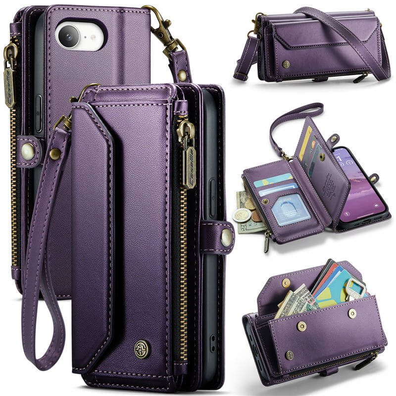 CaseMe iPhone 16e RFID Wallet Crossbody Case with Wireless Charging Purple