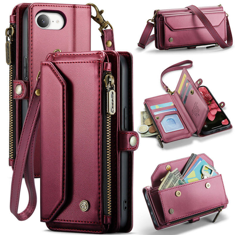 CaseMe iPhone 16e RFID Wallet Crossbody Case with Wireless Charging Red