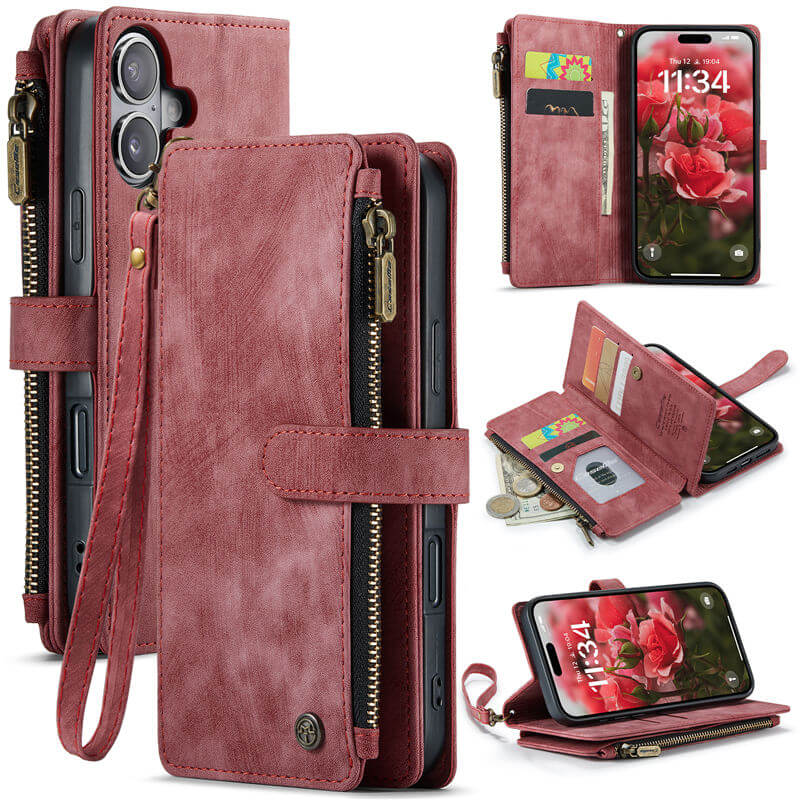 CaseMe iPhone 17 Wallet Kickstand Case with Wrist Strap Red CaseMe iPhone 17 Wallet Kickstand Case with Wrist Strap Red