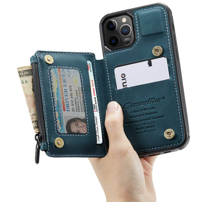 CaseMe iPhone 12 Pro Zipper Pocket Wallet PU Leather Coated TPU Cover