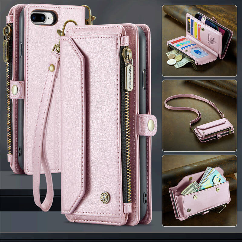 CaseMe iPhone 7 Plus/8 Plus Wallet RFID Blocking Crossbody Case Support Wireless Charging Pink