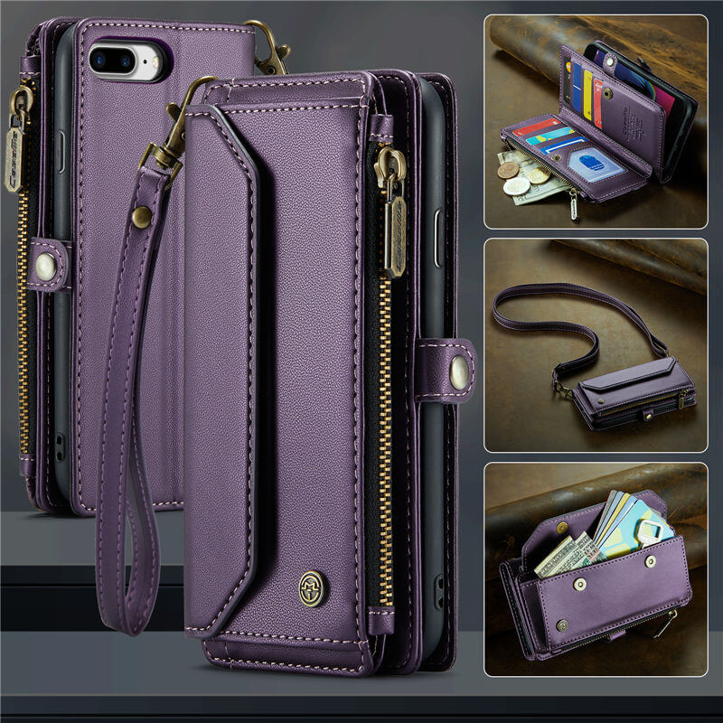 CaseMe iPhone 7 Plus/8 Plus Wallet RFID Blocking Crossbody Case Support Wireless Charging Purple