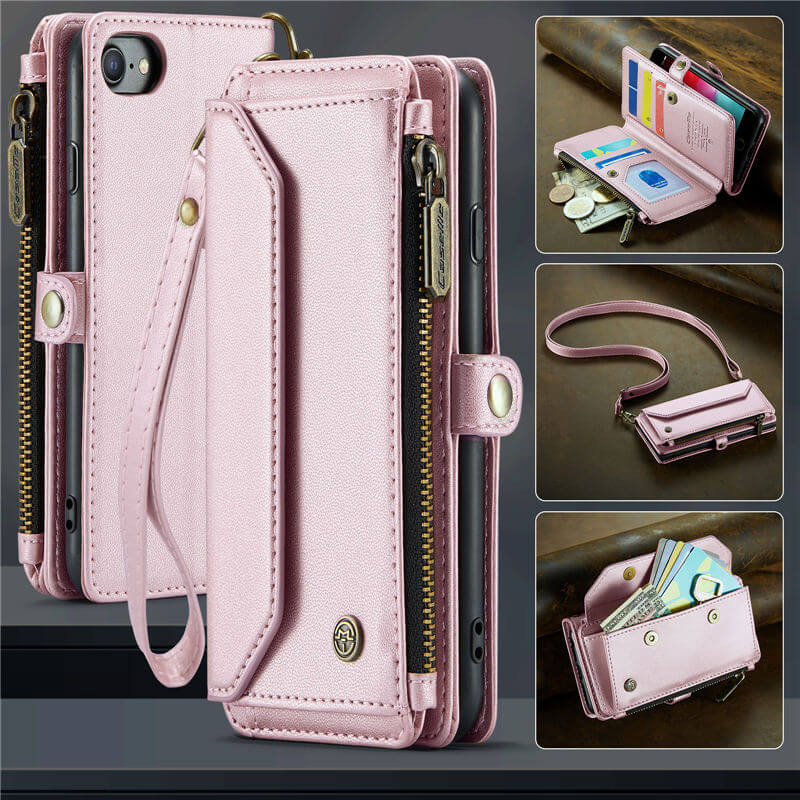 CaseMe iPhone 7/8/SE 2020/SE 2022 Wallet RFID Blocking Crossbody Case Support Wireless Charging Pink