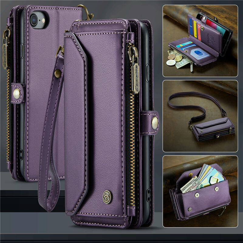 CaseMe iPhone 7/8/SE 2020/SE 2022 Wallet RFID Blocking Crossbody Case Support Wireless Charging Purple