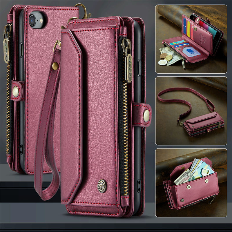 CaseMe iPhone 7/8/SE 2020/SE 2022 Wallet RFID Blocking Crossbody Case Support Wireless Charging Red