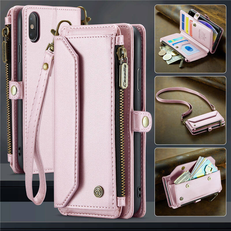 CaseMe iPhone X/XS Wallet RFID Blocking Crossbody Case Support Wireless Charging Pink