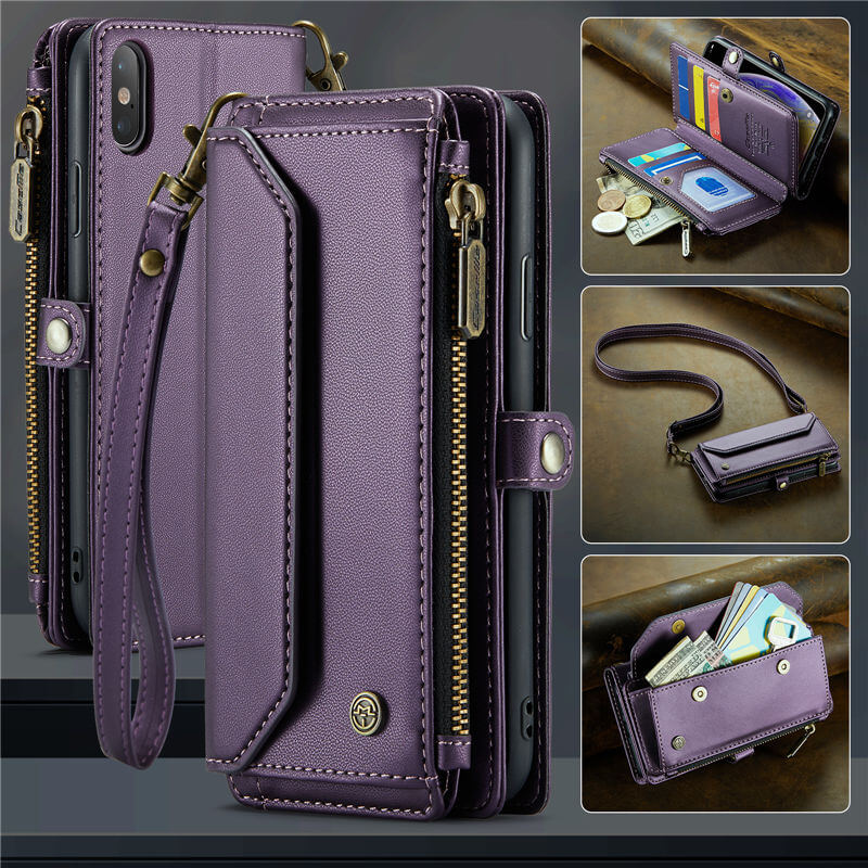 CaseMe iPhone X/XS Wallet RFID Blocking Crossbody Case Support Wireless Charging Purple