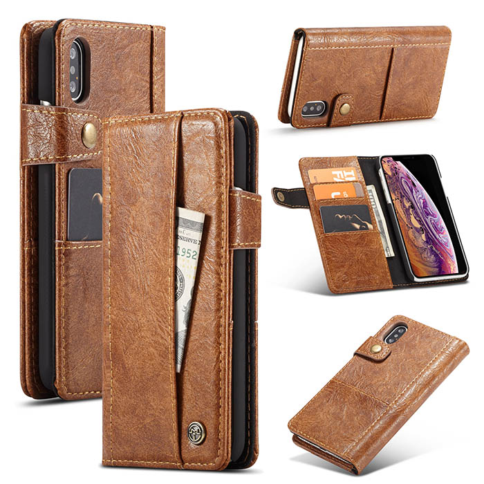 CaseMe iPhone Xs Retro Card Slots Wallet Leather Case Brown
